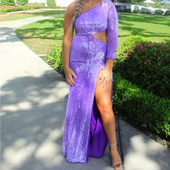 mac duggal purple sequin dress Purple Sequined Wrap Over Bishop Sleeve Gown